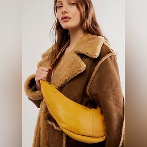 Free People Idle Hands Handcrafted Leather Crescent Sling Bag Golden Yellow NWT